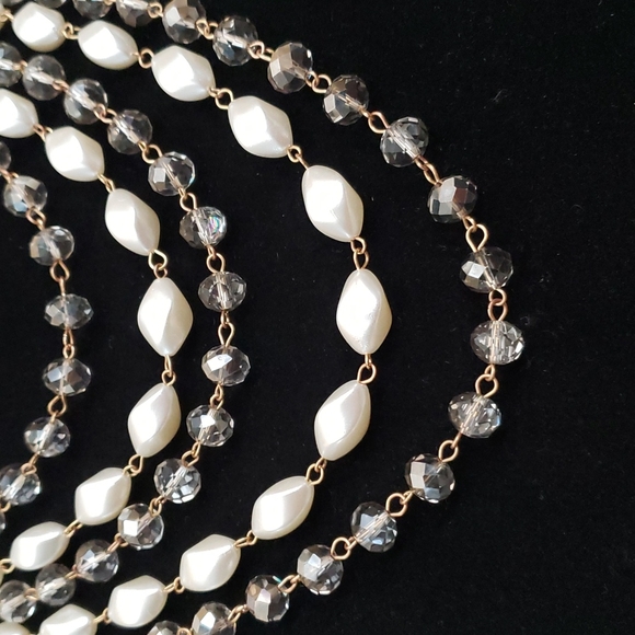 Five Strand Faux Pearl and Clear Crystal Gray Beaded Necklace Set - Picture 2 of 8